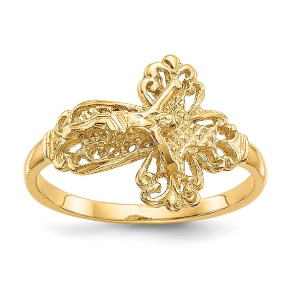 Million Charms 14K Diamond Cut Religious Crucifix Ring
